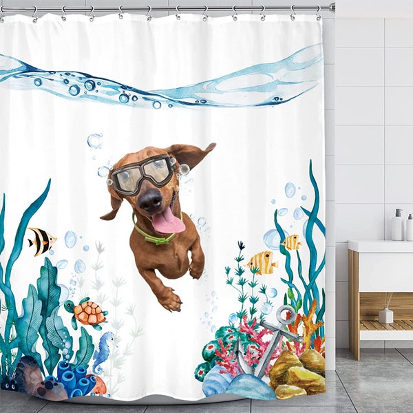 Funny Dog Shower Curtain, Bathroom Blue Ocean Nautical Cute Animal Fish Turtle Anchor Coral Underwater Bath Accessories, Home Decor Fabric