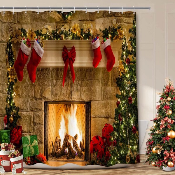 Bonhause Christmas Shower Curtain - Red & White Poinsettias Berries Cardinals Holiday Bathroom Decor, 72x72 Inch