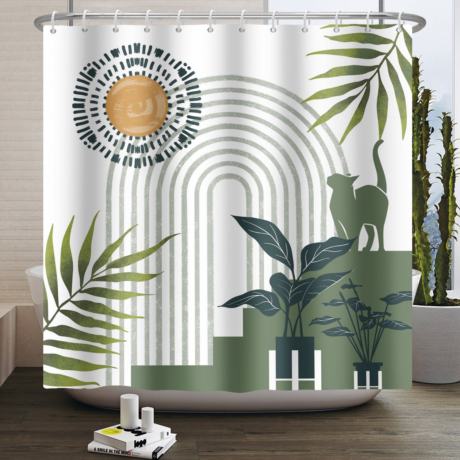 Boho Sage Green Shower Curtain: Abstract Botanical Palm Leaf Design - Etsy, image size:1500x1500