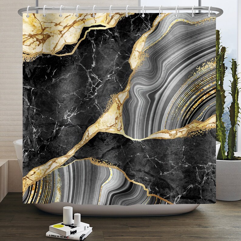 Black Gold Marble Shower Curtaincracked Ink Texture Luxury Etsy