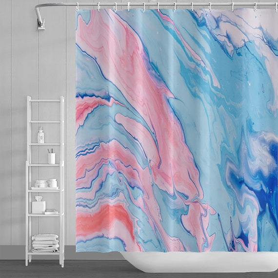 Marble Shower Curtain, Blue and Gold Marble Bathroom Shower Curtain,  Luxurious Art Painting Ink Texture Waterproof Fabric With Hooks 