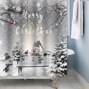 Frohe Weihnachten Duschvorhang, Winter Schneemann Duschvorhang, Weihnachtsbaum Kardinal Vogel Schneeflocke Urlaub Badezimmer Dekor mit Haken