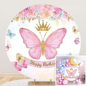 Butterfly Round Backdrop,Watercolor Pink Flower Gold Crown Butterfly Backdrop Cover, Little Girl Butterfly Theme Birthday Party Backdrop