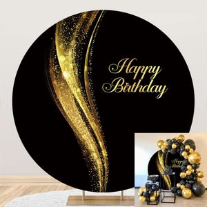Black and Gold Birthday Round Backdrop Cover, Birthday Party Circle Photography Backdrop, Golden Sparkle Birthday Party Backdrop Custom