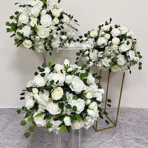 White Rose Green Leaves Flower Ball | Customize Flower Ball Stand Decoration | Wedding/Home Decoration Artificial Flowers without stand