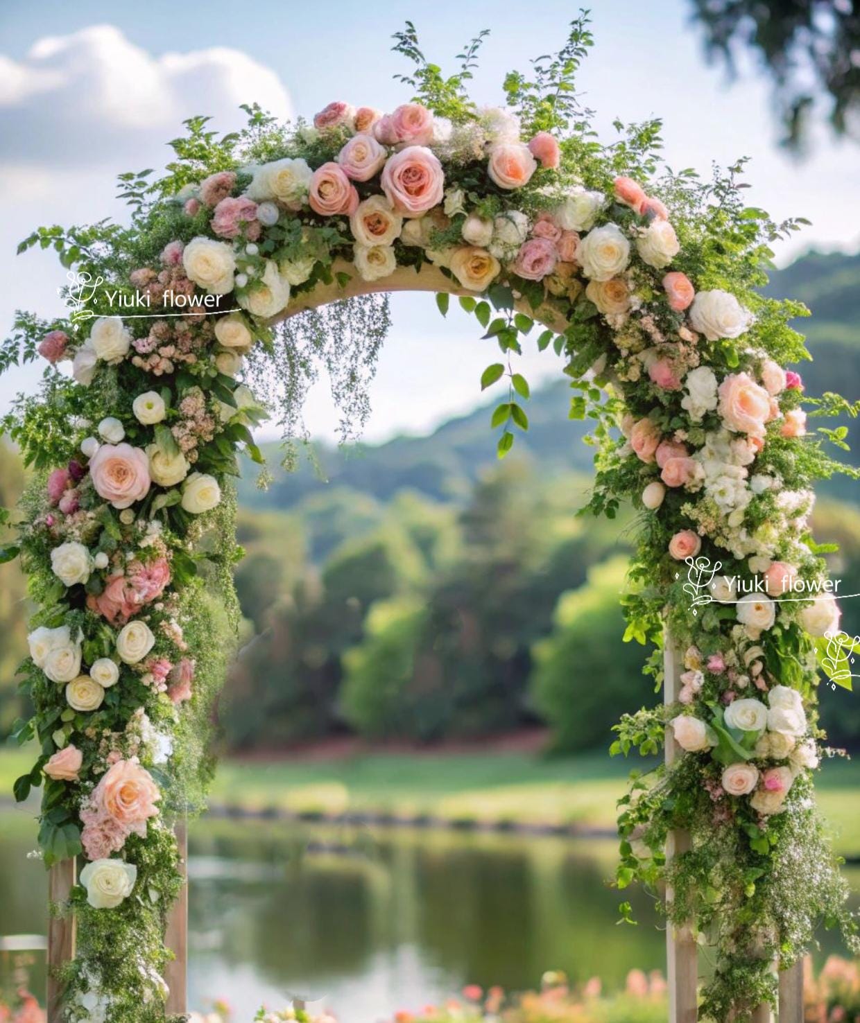 White Blush Pink Lush Flowers Wedding Inspiration, U Arch Flowers Backdrop, Elegant Archway Flowers Event Party Background,exclude arch