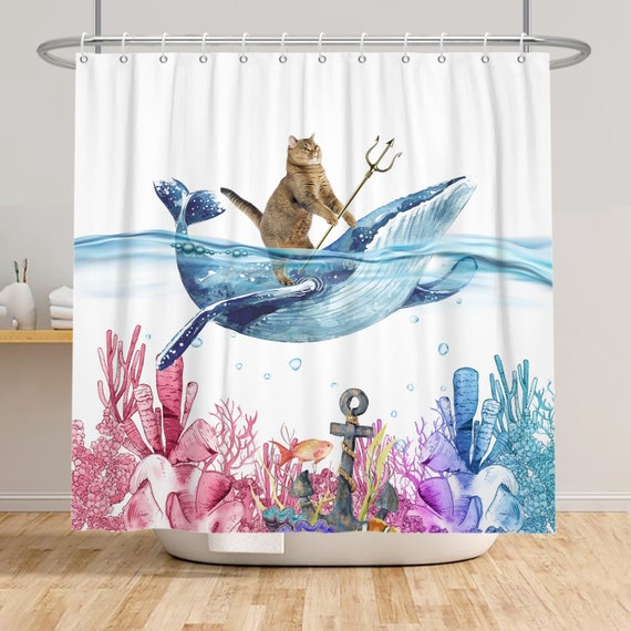 Funny Cat Fabric Shower Curtain, Sea Diving Cat Shower Curtain, Tropical  Fish Coral Underwater Sea Ocean Animal Shower Curtain With Hooks 