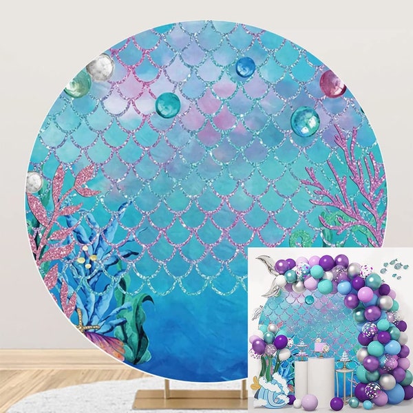 Mermaid Background,Baby Shower Birthday Photography Backdrop,Underwater Coral Shell Scales Blue Photo Booth Props,Polyester Round Background