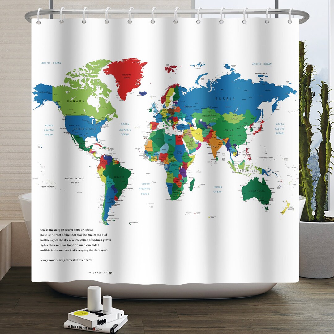 World Map Shower Curtain Map of the World Oceans Mountains Etsy