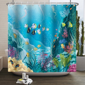 Tropical Ocean Shower Curtain for Kids, Blue Ocean Shower Curtain for Sea Fish Themed Bathroom, Waterproof Fabric Shower Curtain with Hooks