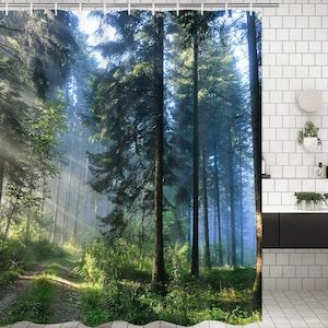 Bathroom Shower Curtain, Misty Forest Bathroom Curtain with Hooks, Sunshine Trees Shower Curtains, Durable Waterproof Fabric Bath Curtain