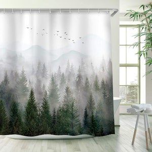 Misty Forest Tree Foggy Shower Curtain  Mountain Shower Curtain for Bathroom with Hooks, Cool Nature Scenery Landscape Bathtub Decor