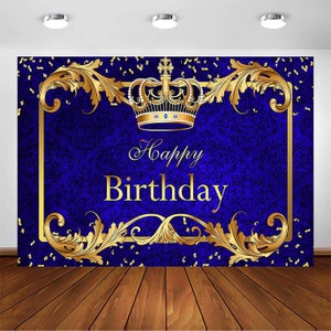 Prince Birthday Party Backdrop,Boy's Royal Blue Gold King Crown Party Decor,Photography Background,Royal Little Prince Happy Birthday Banner