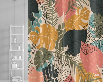 Tropical Palm Leaf Shower Curtain, Summer Jungle Banana Leaf Shower Curtains Set with Hooks for Bathroom, Waterproof Fabric Bathtub Decor