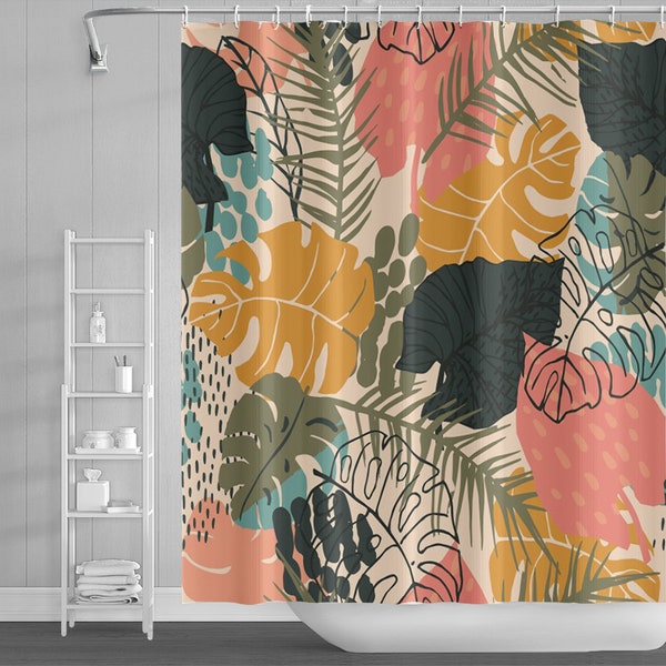 Tropical Palm Leaf Shower Curtain, Summer Jungle Banana Leaf Shower Curtains Set with Hooks for Bathroom, Waterproof Fabric Bathtub Decor