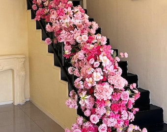 Hot Pink Flower Runner | Staircase Flowers| Aisle Flowers | Artificial Flower Arrangements for Wedding Decoration | Flower Row Custom