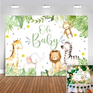 Sfondo per baby shower con tema safari, sfondo fotografico con animali della giungla "Oh Baby", striscione in vinile con foglie verdi e animali dello zoo