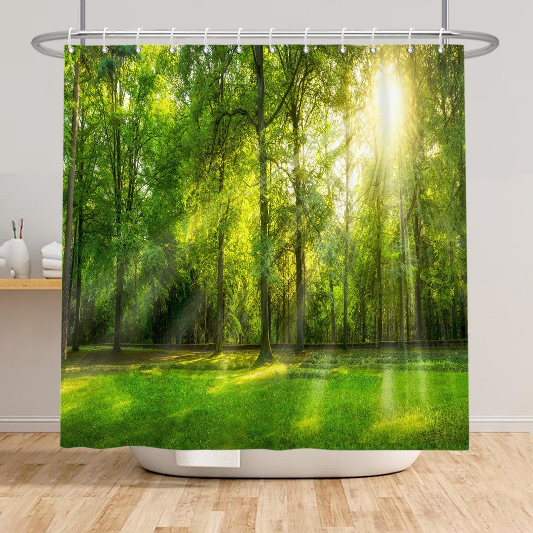 Sunlight Nature Shower Curtain Forest Green Shower Curtain, Butterfly