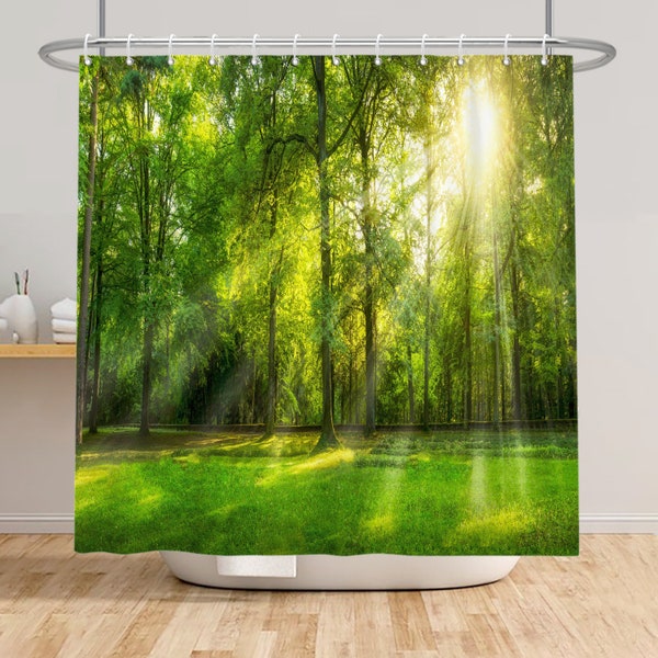 Sunlight Nature Shower Curtain Forest Green Shower Curtain, Butterfly Fantasy Large Tree Bathroom Decor Fabric Polyester with Hooks