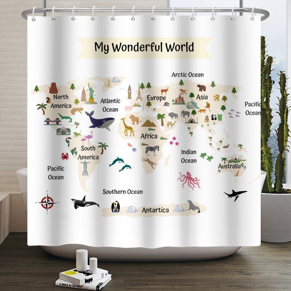 Fabric World Map Shower Curtain Etsy