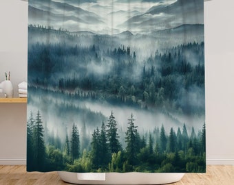 Green Misty Forest Shower Curtain,Nature Foggy Tree Mountain Shower Curtains for Bathroom,Waterproof Fabric Woodland Shower Curtain