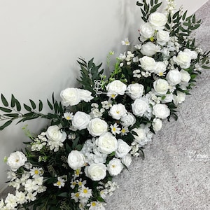 White Flowers with Leaves Arrangement, Artificial Wedding Aisle Flowers, Wedding Centerpiece|Table Runner, Ground floral Wedding Reception
