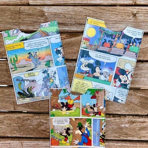 May include: Three comic book panels featuring Mickey Mouse. The first panel shows Mickey Mouse riding a horse in the desert. The second panel shows Mickey Mouse eating a meal with a friend. The third panel shows Mickey Mouse trying to fix a door.