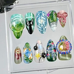 Studio Ghibli Inspired 3D Press On Nails, Totoro Cat Spirited Away Nail Art, Handmade Anime Fantasy Nails For Women