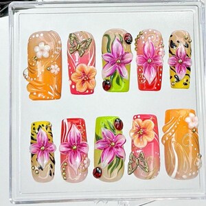 Tropical Summer Press On Nails, 3D Flower Nail Art with Butterfly & Rhinestones, Handmade Colorful Floral False Nails for Women