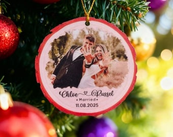 Custom Wedding Ornament with Photo, Married 2025, Personalized Couple Christmas Gift
