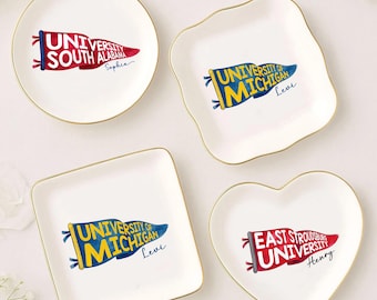 Plato para anillos con banderín universitario personalizado, plato para anillos de secundaria, plato para anillos de graduación, graduación universitaria, plato para anillos de universidad