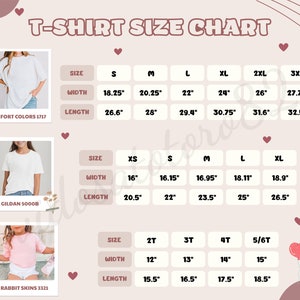 May include: A T-shirt size chart with measurements in inches. The chart includes sizes for adults and children, with width and length measurements for each size. The chart also shows the Comfort Colors 1717, Gildan 5000B, and Rabbit Skins 3321 brands.