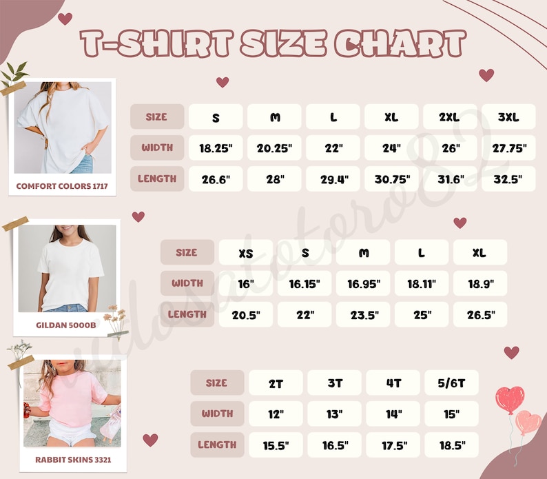 May include: A T-shirt size chart with measurements in inches. The chart includes sizes for adults and children, with width and length measurements for each size. The chart also shows the Comfort Colors 1717, Gildan 5000B, and Rabbit Skins 3321 brands.
