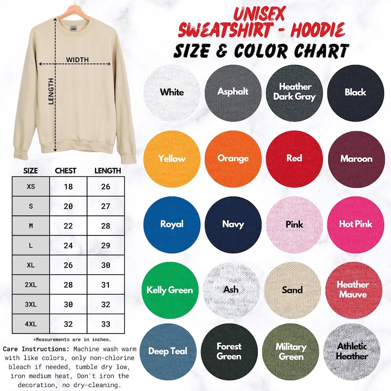 May include: A beige unisex sweatshirt displayed with a size and colour chart. The chart shows colours like white, black, and yellow. Measurements are in inches. Care instructions are also included. The sweatshirt is on a hanger.