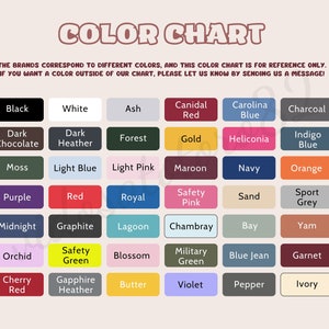 May include: A colour chart displaying a range of hues, such as Black, White, Red, and Navy. The chart includes the text "COLOUR CHART" at the top and a message about custom colours. The chart is arranged in a grid format.