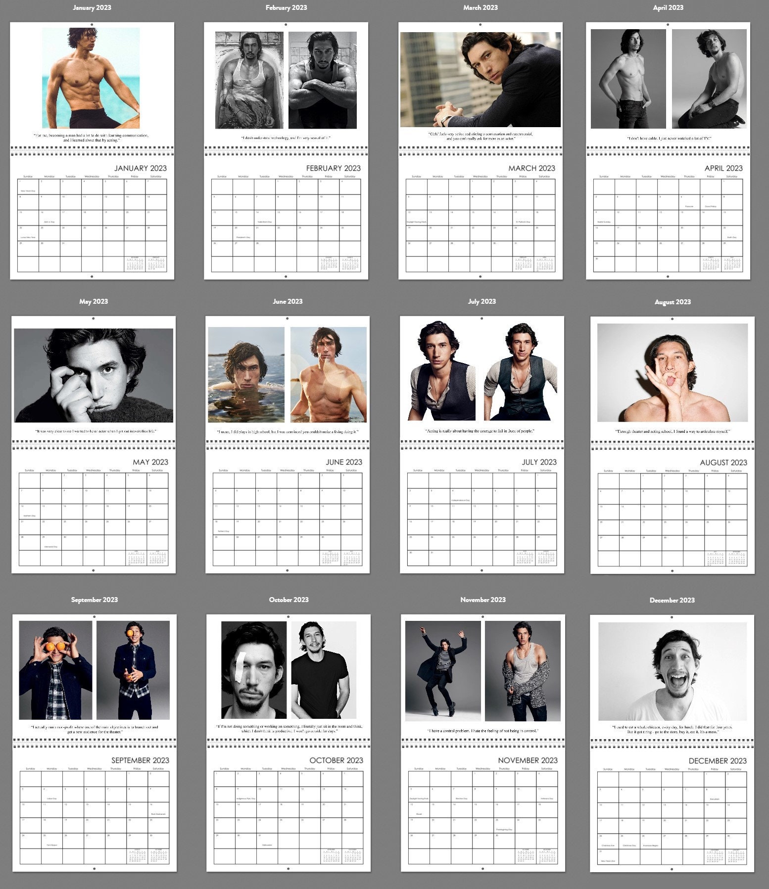 Adam Driver 2024 Wall Calendar with his quotes and signature sold by