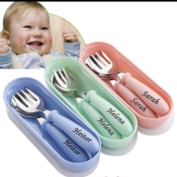 Set de deux couverts ( fourchette + cuillère) bébé personnalisés avec le prénom de bébé En acier inoxydable