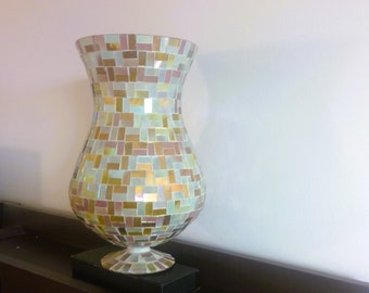 Large Vintage Handmade Stained Glass Mosaic Vase