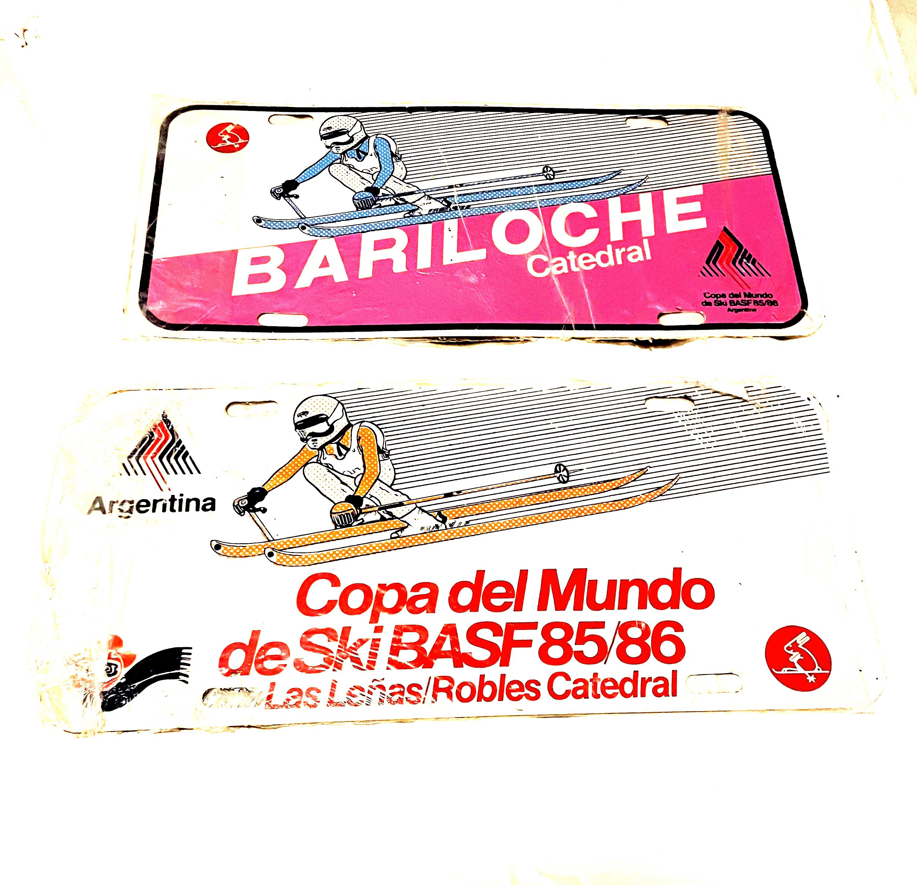 Vintage license plates . Quebec Je me souviens from 1990. Bariloche Argentina 1985 and Copa del Mundo de Ski BASF 85-86 Las Lenas Los Robles