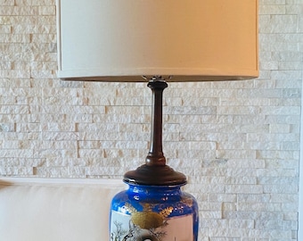 19 th century chinese vase lamp with 2 different hand painted images on vase, brand new electrical  and vintage Japanese style shade