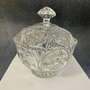 Vintage Large Cut Gass BOWL CANDY DISH Footed  with Lid made in Germany diamond etching scalopped rim Fruit Nuts Candy Flower PotPourri Bowl