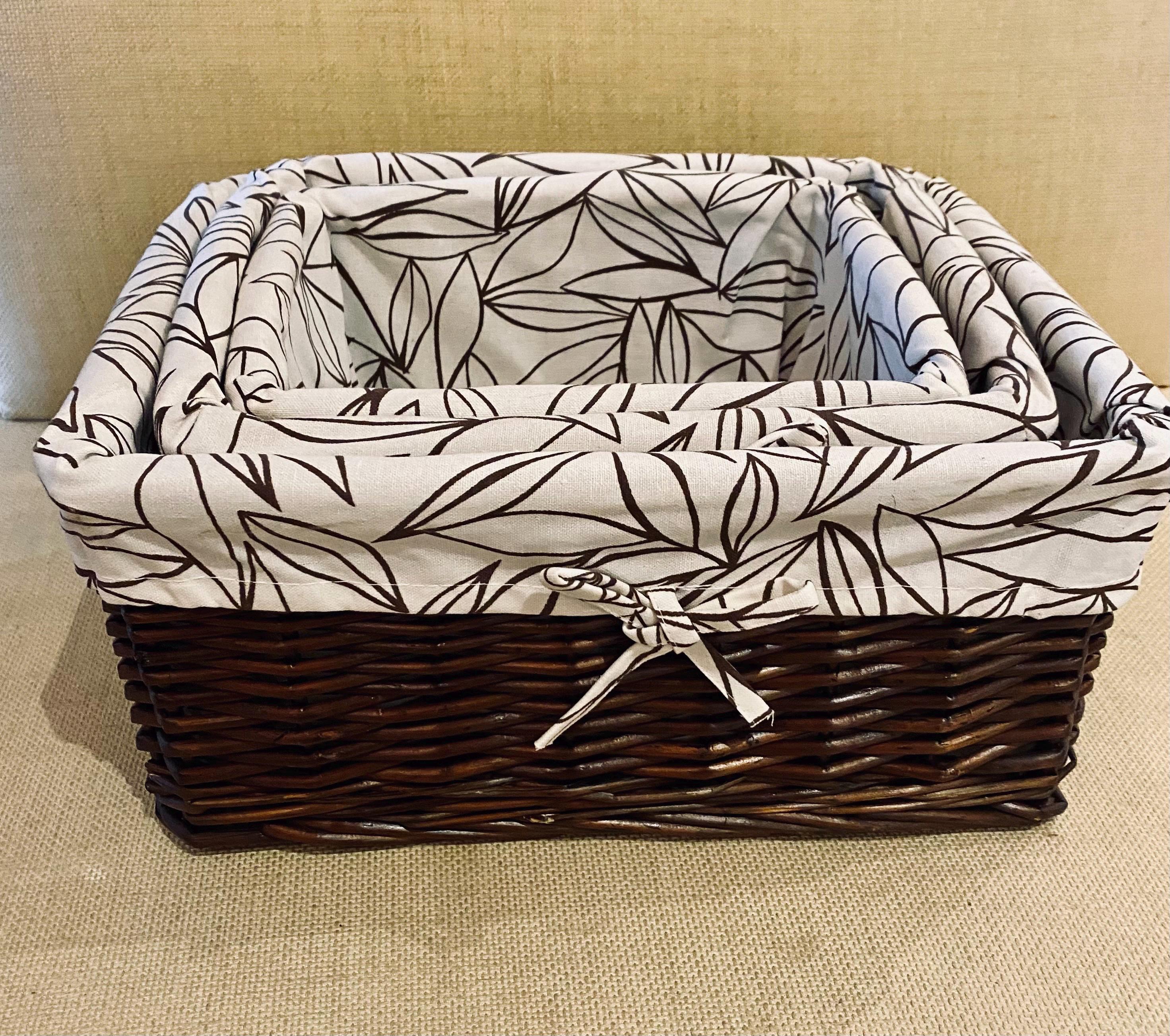 Vintage 3 piece set dark brown real wicker woven storage basquets lined in 100% cotton Canvas off white and chocolate print
