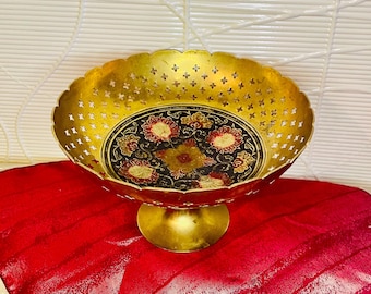 Large Vintage Hand made  Brass Bowl with Pedestal Hand Painted from India from 1970’s fruit bowl , flowers vase trinkets pastries