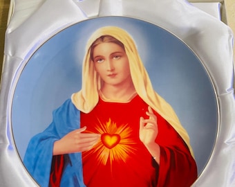 Immaculate Heart of The Virgin Mary commemorative decorative Plate . Religious art , Christian Design  of t mother our Lord with Gift Box