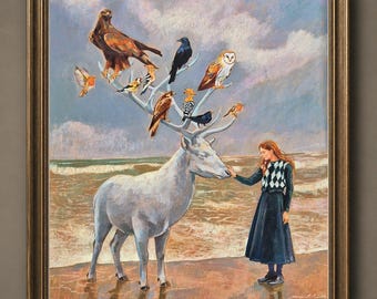 Original Ölpastellgemälde, Frau und weißes Reh, Strandszene, 80 x 70 cm Wandkunst
