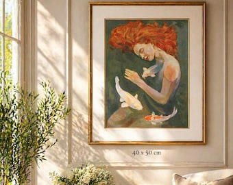 original Portrait painting of a woman and an fish. with oil pastels. by Majid saberinejad