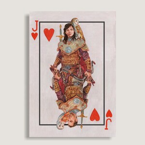 May include: A playing card featuring the Jack of Hearts. The illustration depicts a person in armor with a bow and arrow, a sword, and an owl perched on their shoulder. The card has a black border and the letter "J" and heart symbols in the corners.