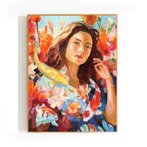 Dipinto figurativo originale, Donna e Pesce