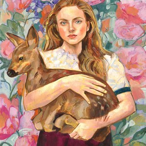 May include: An oil painting depicts a woman with long, flowing auburn hair holding a fawn. The woman wears a white top and a burgundy skirt. The background is filled with pink and purple flowers.