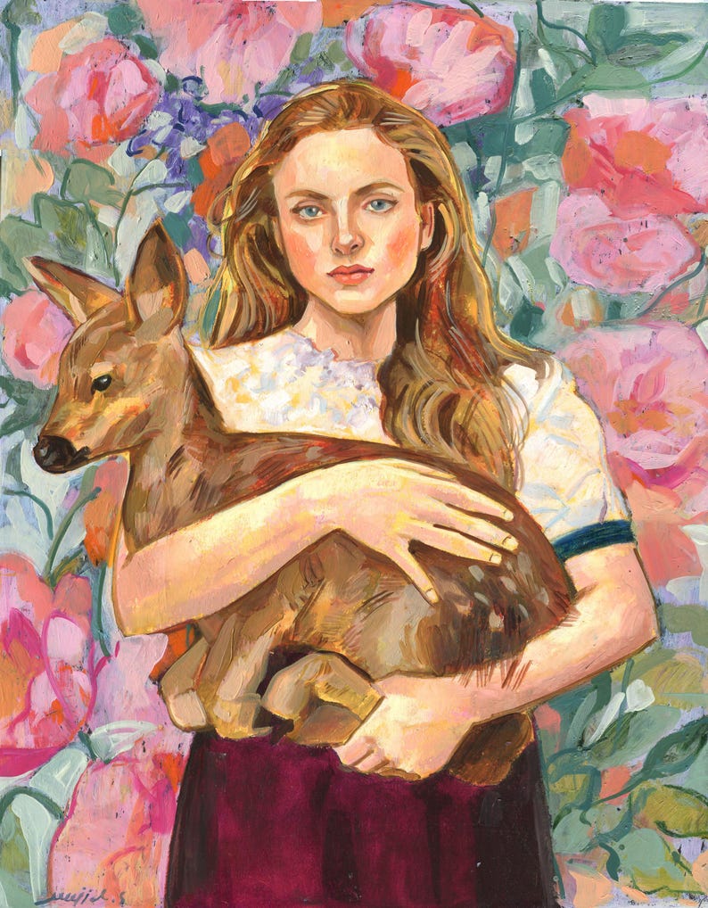 May include: An oil painting depicts a woman with long, flowing auburn hair holding a fawn. The woman wears a white top and a burgundy skirt. The background is filled with pink and purple flowers.